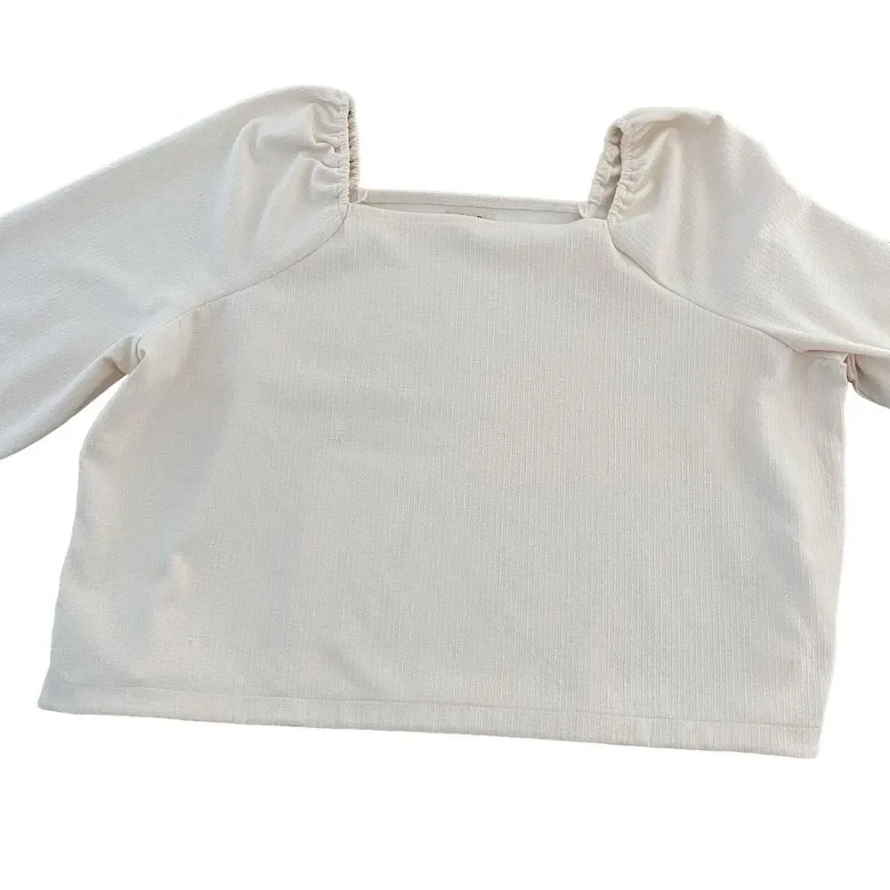 Madewell Women's 4X Plus‎ Size Crepe Square Neck Puff Sleeve Top Cream Read